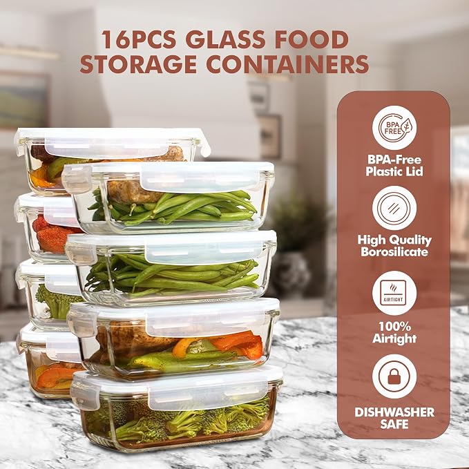 Razab 16 Pc (Set of 8) 30 Oz Glass Meal Prep Containers with Lids, Airtight Large Glass Food Storage Containers, Reusable Leak Proof BPA Free, Freezer to Oven and Dishwasher Safe - Image 6