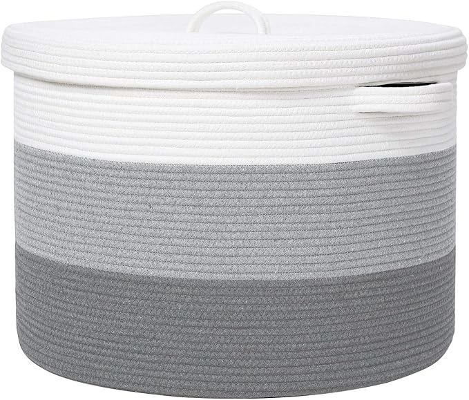 20x15 Inch Extra Large Round Cotton Rope Storage Basket with Lid, Decorative Woven Bin with Cover for Living Room Bedroom Closet, Light Grey & Grey by Cottonphant