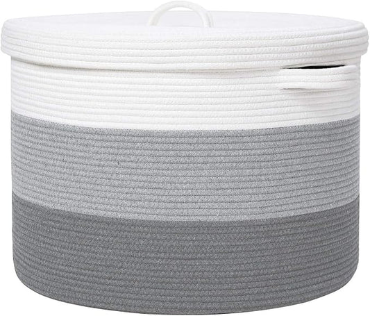 20x15 Inch Extra Large Round Cotton Rope Storage Basket with Lid, Decorative Woven Bin with Cover for Living Room Bedroom Closet, Light Grey & Grey by Cottonphant
