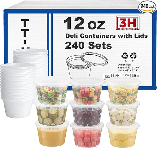 12 oz Food Storage Containers with Lids (240 Set/480 Piece) Small Deli Containers for Soup, Freezer Microwave Safe, BPA-Free Plastic, Stackable Snack Leakproof Leftover Organizers by 3HCORPORATION