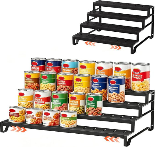 Expandable Can Organizer for Pantry, 4 Tier Metal Canned Food Storage | 13"-21" Adjustable Length, Tiered Reversible Shelf Design, Large-Capacity Storage for Kitchen Cabinets & Countertops by Attelite