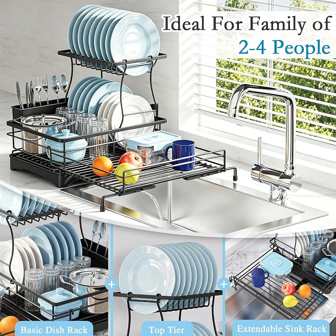 2 Tier Dish Drying Rack, Large Extendable Dish Racks for Kitchen Counter , Dishrack with Drainboard, 2-in-1 Anti-Rust Stainless Steel Dish Drainer with Utensil Holder (Black, double of Dish Rack) - Image 2