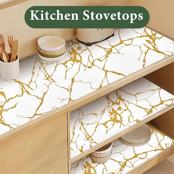 Drawer and Shelf Liner for Kitchen Cabinet Non Slip Waterproof | Shelf Paper 23.6 in X 20 Ft Non Adhesive Refrigerator Liners Gold White Marble Easy Liners for Bathroom Cupboard - Image 5