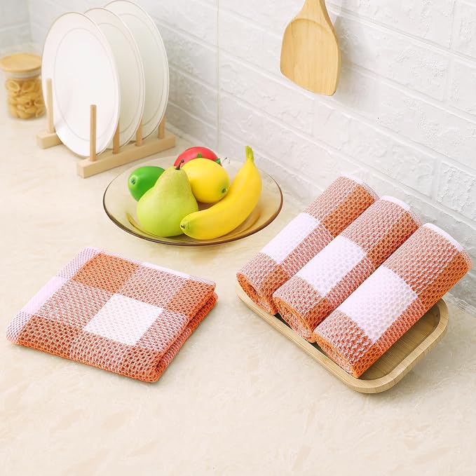 Homaxy Kitchen Towels and Dishcloths Set, Set of 8, White & Orange | Bulk Cotton Waffle Weave Check Plaid Kitchen Towels, Super Soft and Absorbent Dish Cloths, 12 x 12 and 13 x 28 Inches - Image 8