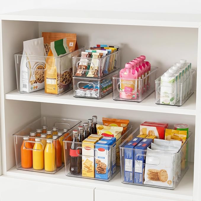YKIOKE 8 Pack Clear Plastic Storage Bins with Handles, Stackable Organizer | BPA-Free, 4 Large & 4 Small Stackable Organizer Containers for Kitchen Cabinets, Countertops, Drinks, Fruits, Vegetables - Image 4