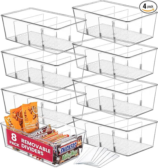 Oizeir Clear Pantry Organizer Bins 8-Pack - Fridge Organizer with 3 Removable Dividers, Ideal for Kitchen, Pantry, Refrigerator, Freezer, and Snack Storage by Oizeir
