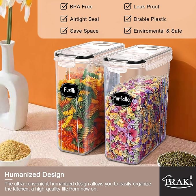 PRAKI 5PCS Cereal Containers Storage Set, BPA Free Airtight Food Storage Container Set with Lids, Kitchen Pantry Organization and Storage for Sugar, Baking Supplies with 20 Labels & Mark(4L Black) - Image 3