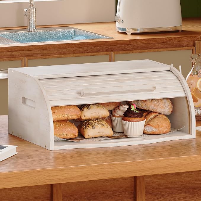 Trironsun Bamboo Roll Top Bread Box for Kitchen Countertop Large Capacity Bread Storage Bin Wooden Bread Storage Organizer Natural Breadbox for Food Storage (Antique white) - Image 2