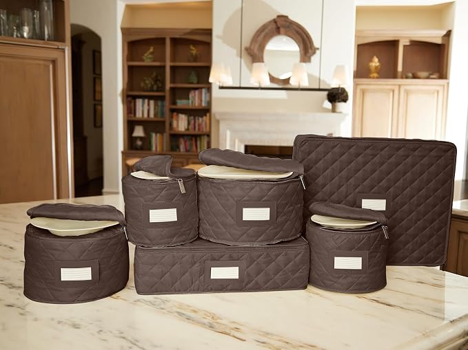 Covermates Keepsakes Dish Storage Set – Padded China & Dinnerware Storage Cases with Dividers, Cup & Stemware Storage, Quilted Polyester Protection, ID Window, Bronze - Image 4