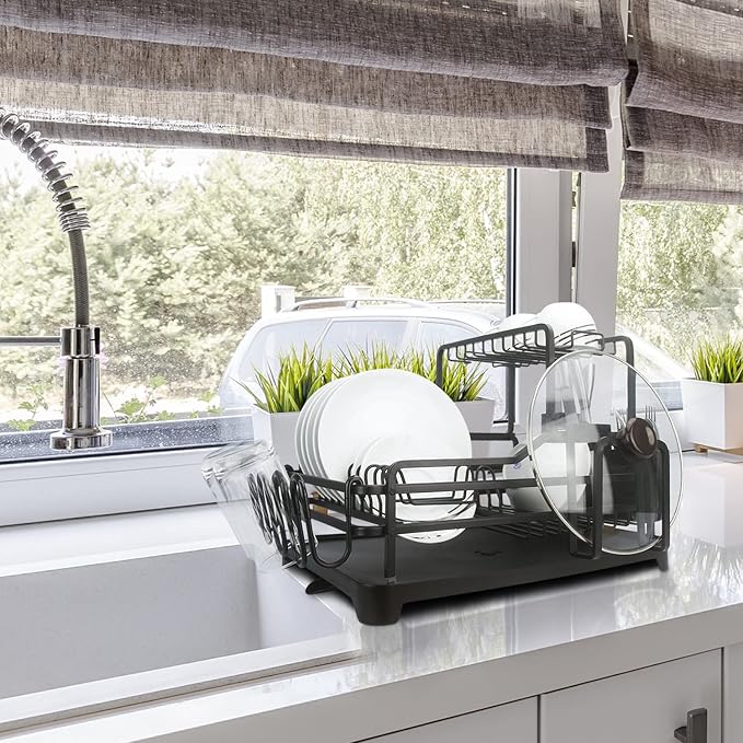 GMT-10353-A Black Aluminum Dish Drying Rack with Utensil Holder - 2 Tier Kitchen Countertop Rust Proof Dish Rack and Drainboard Set - Large Dish Organizer Rack - Image 4