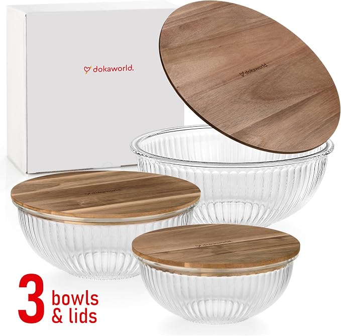 Set of 3 Stackable Space-Saving Nesting Glass Salad Bowls with Acacia Lids for Foodprep, Storage, Baking, Mixing & Cooking - Microwave Safe Durable Inert Borosilicate Glass - Image 9