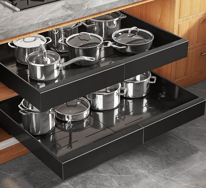 Seinloes 2 Pack Expandable (15.1"-26.3") Pull Out Cabinet Organizer 21" Deep With Raising Pad for Framed Cabinets,Upgrade 3 Slide Rails Slide Out Drawers,No Drill Roll Out Shelves Adhesive,Black by Seinloes