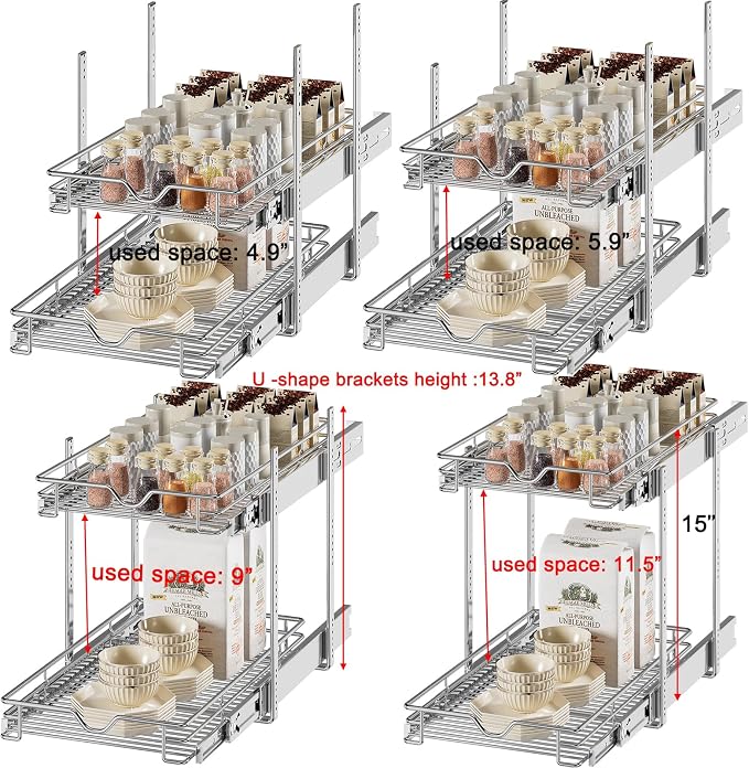 DINDON Pull Out Cabinet Organizer (14" W X 21" D), Cabinet Pull Out Shelves, 2 Tier Pull Out Drawers for Kitchen Cabinets, Wire Basket Slide Out Shelf for Cabinet Organization ​in Kitchen, Pantry - Image 6