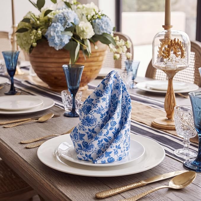 Tegeme 24 Pcs Blue and White Floral Cloth Napkins 15" x 15" Reusable Cotton Napkins, Blue Floral Napkin for Spring Tea Party, Wedding, Catering & Home Decor - Image 6
