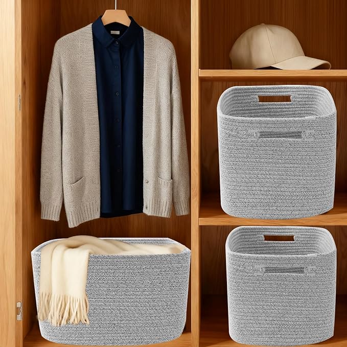 3 Pack Woven Baskets,Storage Baskets for Shelves with Handles | 13.5"×11"×9.5", Closet Baskets, Nursery Organizer for Toys Towels Books, Storage Bin for Living Room Bedroom (Mixed Grey) - Image 8