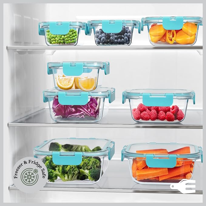 Emporio Kitchen Borosilicate Glass Food Storage Containers with Lids 24 Pieces, BPA-Free Stackable Lunch & Leftover Containers, Microwave, Freezer & Dishwasher Safe, 100% Airtight Leak-Proof, Aqua - Image 10