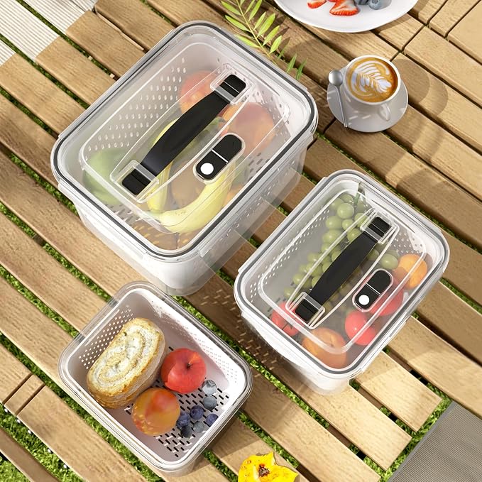 Fruit Storage Containers for Fridge with vent holes and handle，Airtight Food Storage Containers Keep Fruits, Vegetables, Berry, Meat Fresh longer,BPA-free Fridge Storage Container with Lid (3 Pack) by Ronanemon