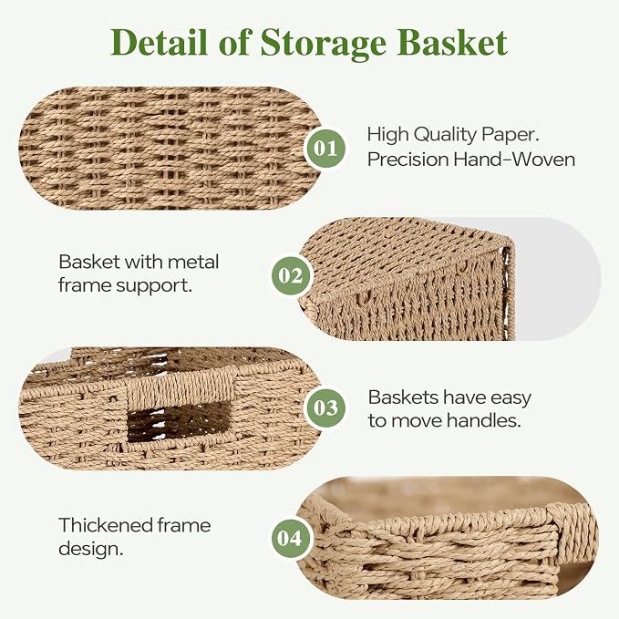 Patvingot 11-Inch Paper Rope Wicker Basket with Built-In Handles,4 Pack | For books, throws and accessories on open shelves, decorative woven texture, metal frame supports the shape, folds flat - Image 5