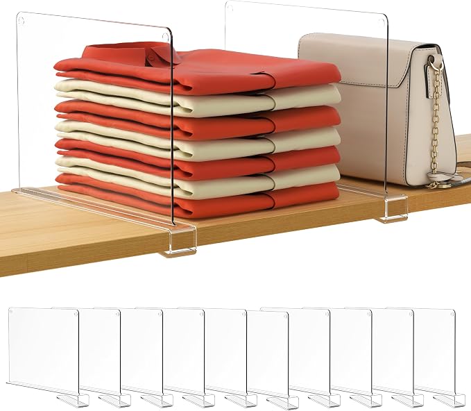 HBlife 10 Pack Clear Shelf Dividers, Vertical Purse Organizer for Closet Perfect for Sweater, Shirts, Handbags in Bedroom and Kitchen, Adjustable Acrylic Bookshelf for Organization by HBlife