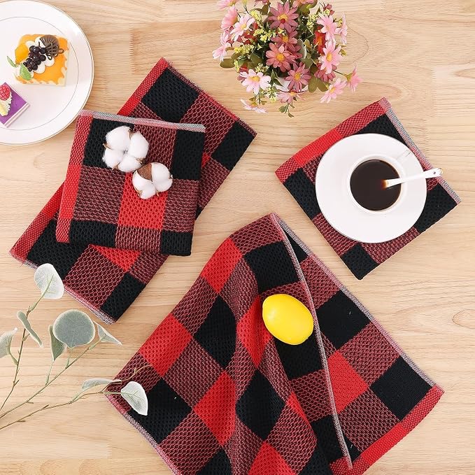 Homaxy Kitchen Towels and Dishcloths Set, Set of 8, Black & Red | Bulk Cotton Waffle Weave Check Plaid Kitchen Towels, Super Soft and Absorbent Dish Cloths, 12 x 12 and 13 x 28 Inches - Image 3