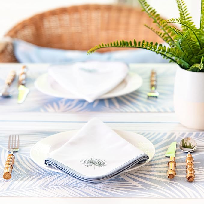 Hofdeco Premium Coastal Cotton Cloth Napkins Set of 4, 20"x20" Washable Dinner for Beach House Decor, Subtle Blue Embroidered Palm Leaf - Image 7