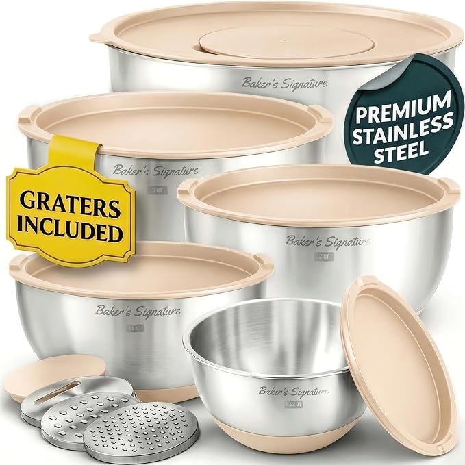 Baker's Signature Stainless Steel Mixing Bowls with Lids Set, 5 Sizes | 3 Graters, Non-Slip Base, Airtight Metal for Kitchen, Food Prep, Storage, 0.63QT-5QT, Khaki by BakersSignature