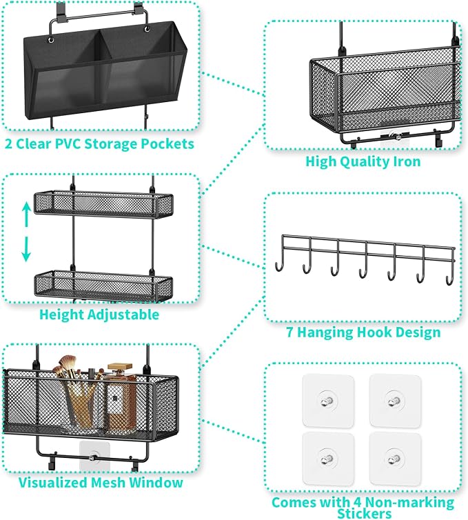 HapiRm Over Door Organizer Hanging - 6 Tier Over The Door Storage with Visual Pockets & Hooks, with 4 Metal Large Capacity Baskets for Bathroom Bedroom Kitchen Pantry Cabinet - Image 8