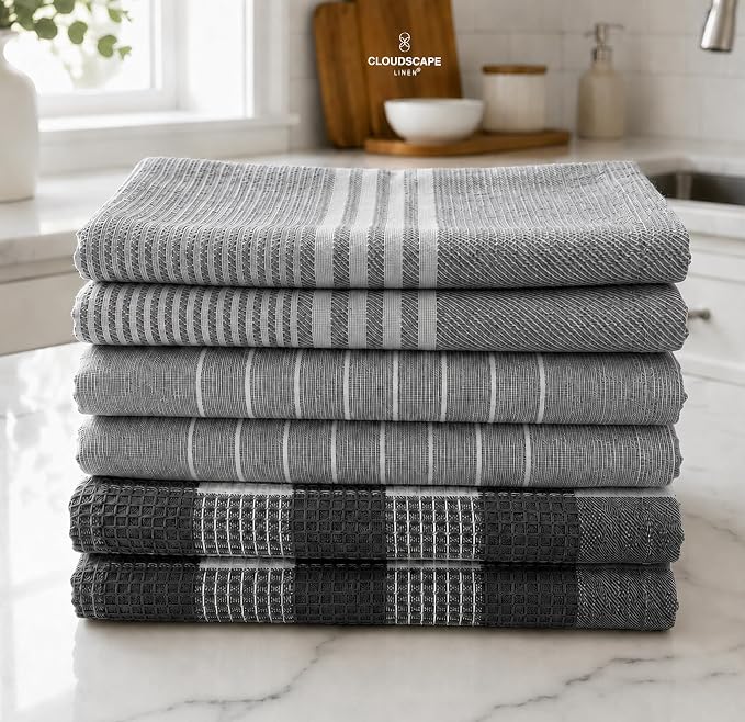 CSL Premium Kitchen Towels Set of 6,Highly Absorbent,Quick Dry,18x28, Grey by CloudScapeLinen