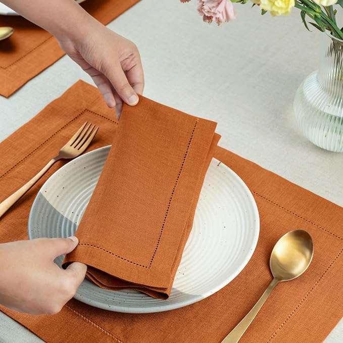 Signature Linen™ by D'Moksha Rust Dinner Napkins Set of 8, 20 x 20 Inch Cloth Napkins, 100% Pure Linen, Hemstitch, Machine Washable Table Napkins- Summer, Weddings, Outdoor hostings - Image 2