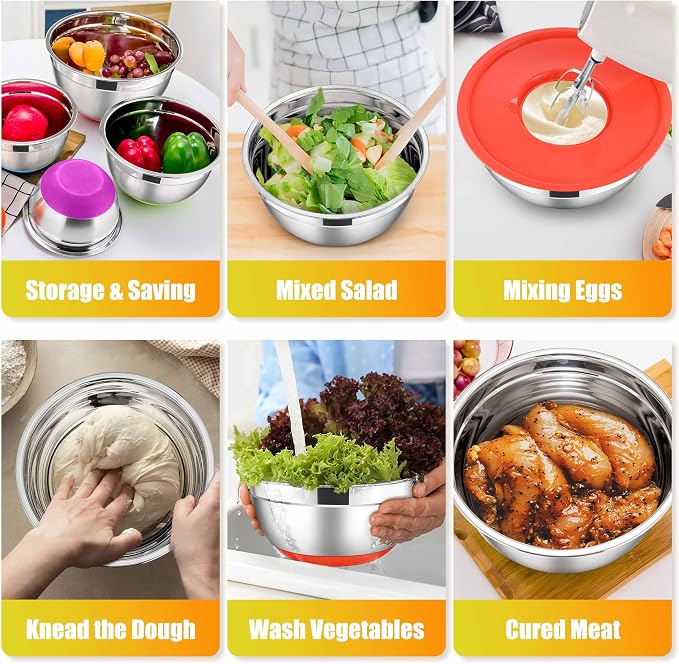 E-far Stainless Steel Mixing Bowls with Lids Set, 5-Piece Nesting Salad Bowls with 3 Grater Attachments and Non-Slip Bottoms, Size 4.6, 2.6, 2, 1.5, 1QT for Kitchen (Colorful) - Image 4