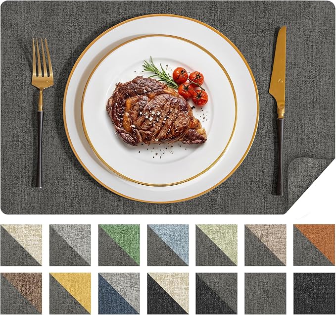 Romanstile Vinyl Placemats Set of 8, Reversible Faux Leather Heat Resistant Wipeable Table Mats, Waterproof Washable Non-Slip Table Placemats for Dining/Kitchen/Party/Outdoor (Dark Gray, 12" x 17") by Romanstile