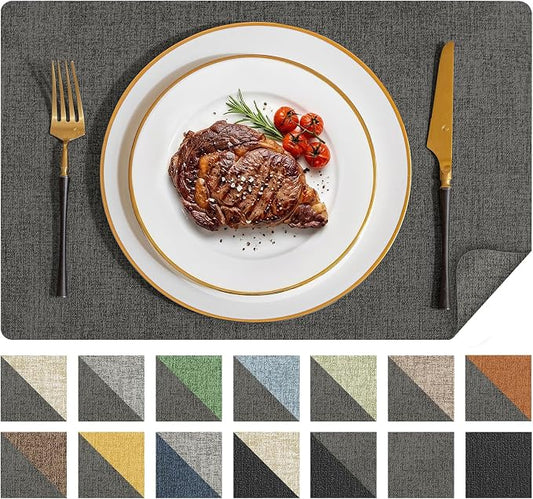 Romanstile Vinyl Placemats Set of 8, Reversible Faux Leather Heat Resistant Wipeable Table Mats, Waterproof Washable Non-Slip Table Placemats for Dining/Kitchen/Party/Outdoor (Dark Gray, 12" x 17") by Romanstile