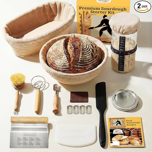 Sourdough Starter Kit – Complete Sourdough Bread Baking Supplies with 24oz Glass Sourdough Starter Jar, 9” Round & 10” Oval Banneton Proofing Basket Set, Sourdough Tools – Artisan Gift for Bakers by SourdoughToolsBannetonsSourdoughStarterJar