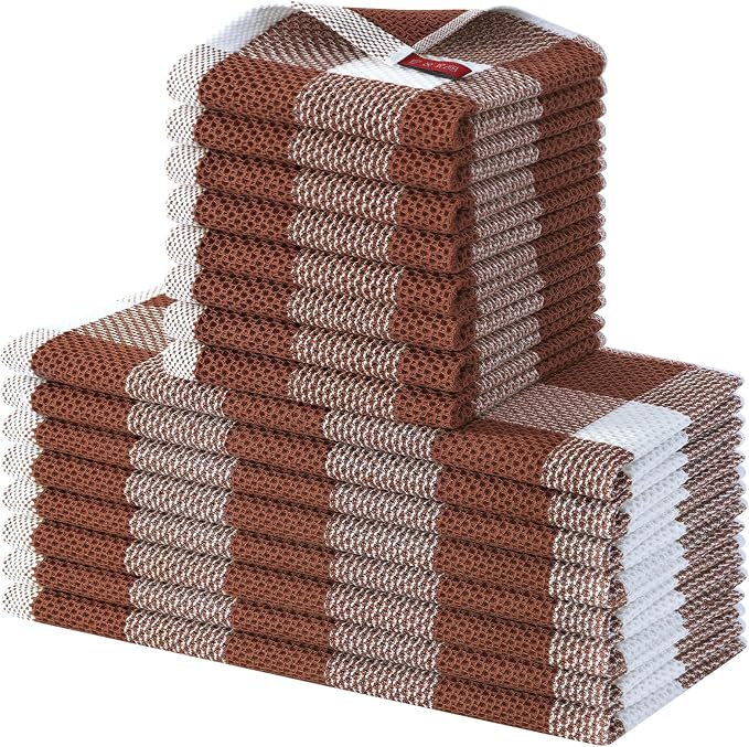 Homaxy Kitchen Towels and Dishcloths Set, Set of 16, White & Rust | Bulk Cotton Waffle Weave Check Plaid Kitchen Towels, Super Soft and Absorbent Dish Cloths, 12 x 12 and 13 x 28 Inches by Homaxy