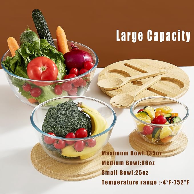 Glass Mixing Bowls with Bamboo Lids, 3 Packs Glass Bowls with Lids Set(4.7QT, 2.1QT, 0.8QT), Large Capacity Salad Bowls, Nesting Containers Microwave Safe Baking Bowls for Kitchen - Image 2