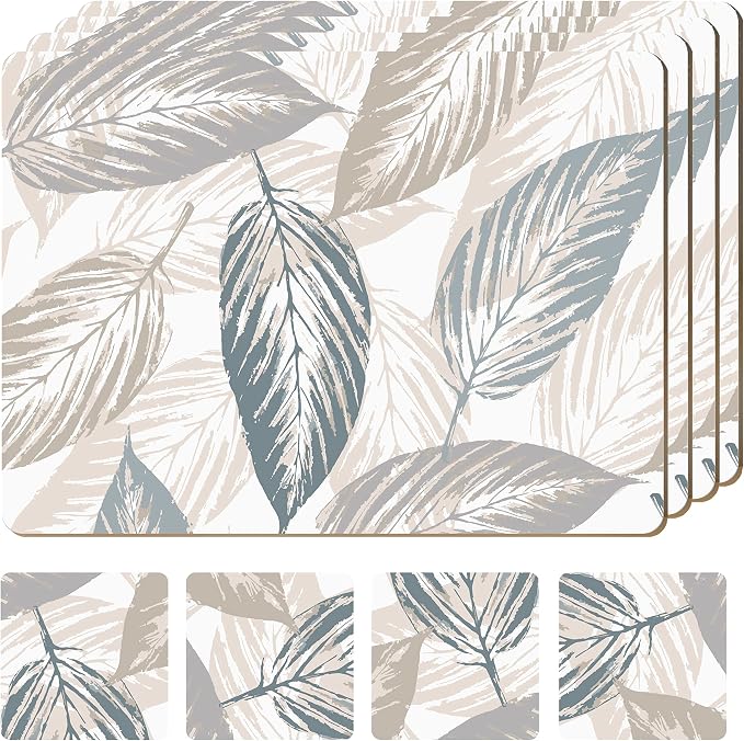 Set of 4 Heat Resistant Cork Placemats for Dining Table with Free Set of 4 Matching Drink Coasters Marble Design 16 x 12 Inches Cork Backed Hard Placemats (Farmhouse Rustic Leaves) by Moderry