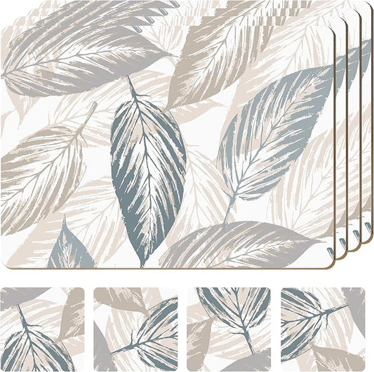 Set of 4 Heat Resistant Cork Placemats for Dining Table with Free Set of 4 Matching Drink Coasters Marble Design 16 x 12 Inches Cork Backed Hard Placemats (Farmhouse Rustic Leaves) by Moderry