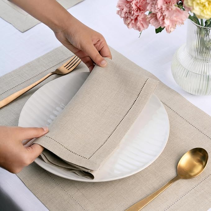 Signature Linen™ by D'Moksha Natural Dinner Napkins Set of 8, 20 x 20 Inch Cloth Napkins, 100% Pure Linen, Hemstitch, Machine Washable Table Napkins- Summer, Weddings, Outdoor hostings - Image 2