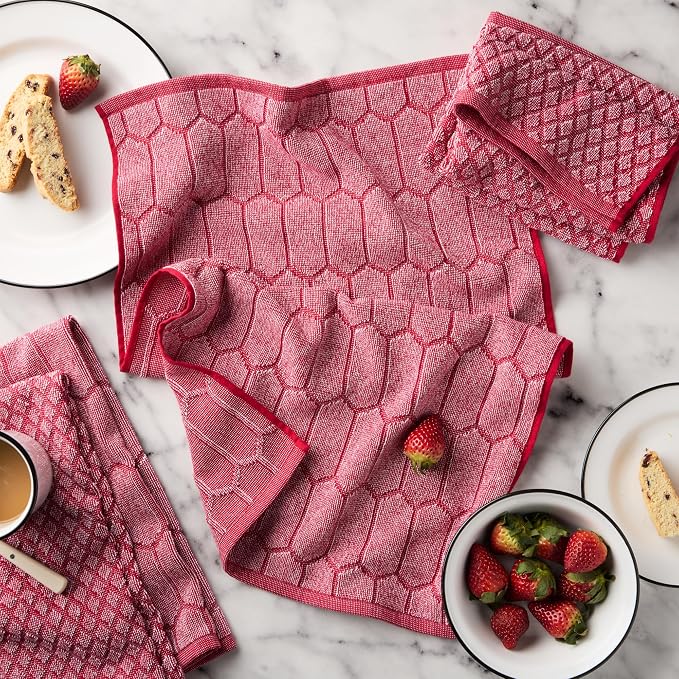 Martha Stewart Honeycomb Chambray Textured Kitchen Towel 4-Pack Set, 100% Cotton with Absorbent Terrycloth, Decorative Kitchen Towels, Red, 16"x28" - Image 2