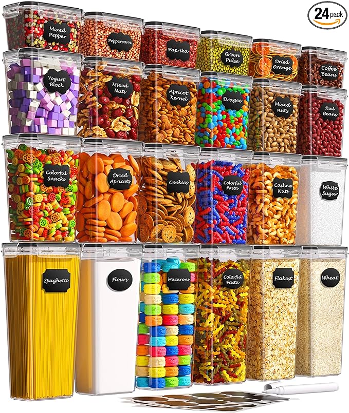 Airtight Food Storage Containers with Lids, 24 PCS Kitchen and Pantry Organization Canisters, BPA-Free, PVC-Free, Food-grade Plastic Leak-proof Jars for Cereal, Flour, Sugar, Extra 24 Labels & Marker by KEMETHYFocusesonCreatingEfficientStorageProductswithQualityMaterials