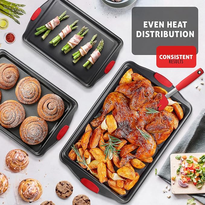 Baking Sheet Set, 3-Piece Cookie Sheet Set with Silicone Handles, Steel Baking Pan, Durable Baking Sheets for Oven, BPA Free Cookie Sheets for Baking Nonstick Set, Premium Sheet Pan, Black Baking Tray - Image 6