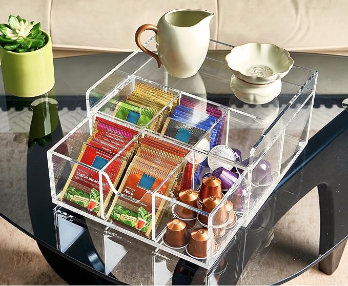 Heavy-Duty Acrylic Tea Station with 6-Compartment Drawer Organizer | Versatile Design: Features a smooth-sliding drawer with 6 compartments, plus a sturdy station top for coffee pods or mugs - Image 2