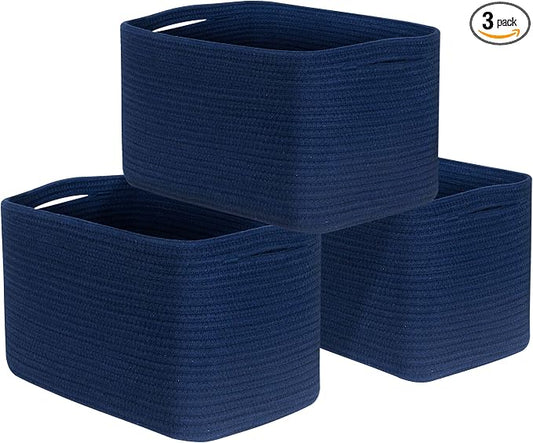 3-Pack Decorative Woven Storage Baskets for Shelves, Cube Bin Box for Organizing Books, Shoes, Dog Toys, Pantry Closet and Living Room Organizer, Navy Blue by MINTWOODDesign