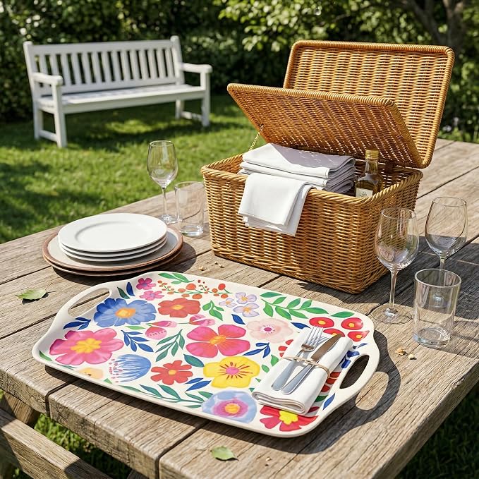 TP Large Melamine Serving Trays with Handles, 19" x 12", Set of 2, Floral | Rectangular Trays, Serving platters, Turkey and Party Serving, Lightweight, Break-resistant - Image 6