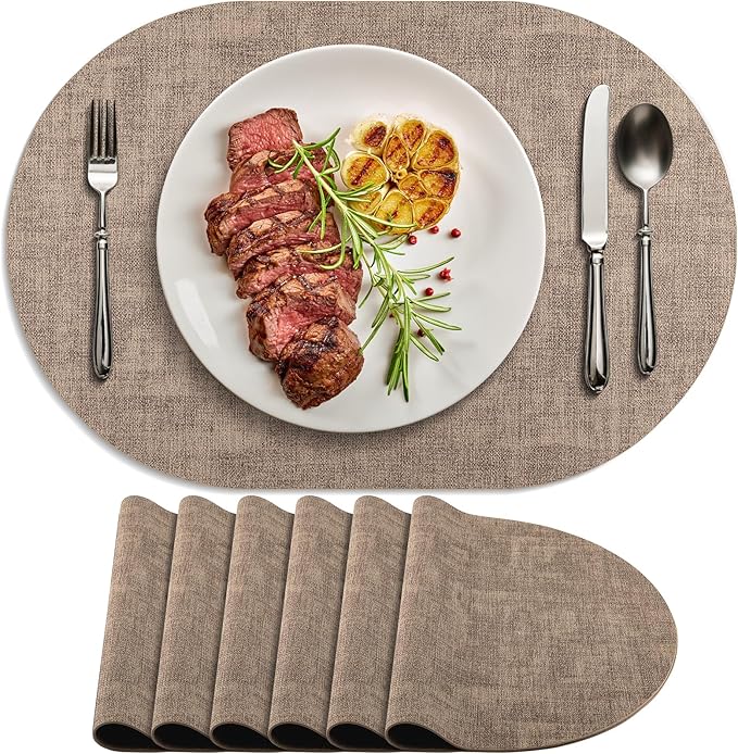 Placemats Set of 6 Non Slip, Heat Resistant Oval Faux Leather Place mats Double Layer, Waterproof Table Mats Easy to Clean for Kitchen Dining Room Coffee Office Table, Apricot by Delicateandelegantplacemats