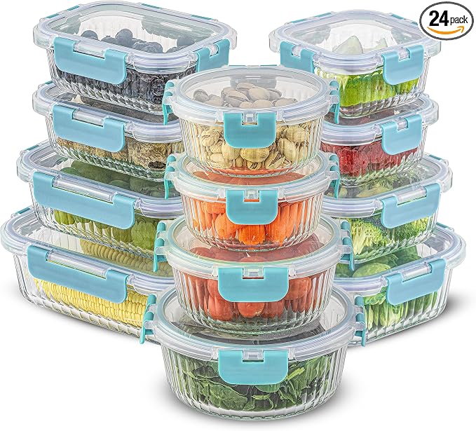 JoyJolt 24pc Borosilicate Glass Storage Containers with Lids | 12 Airtight/Freezer Safe Food Storage Containers for Pantry and Kitchen | Meal Prep Container for Lunch | Glass Tupperware Set by JoyJolt
