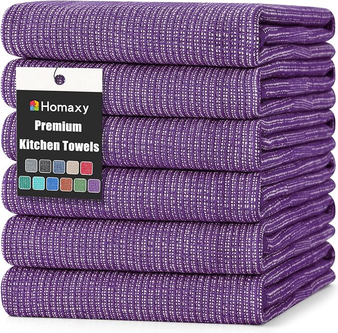 Homaxy 380 GSM Cotton Premium Kitchen Towels 6 Pack, 18"x 28", Purple | Flat and Terry Dish Towels, Highly Absorbent Tea Towel Set with Hanging Loop, Soft Utility Kitchen Hand Towels by Homaxy