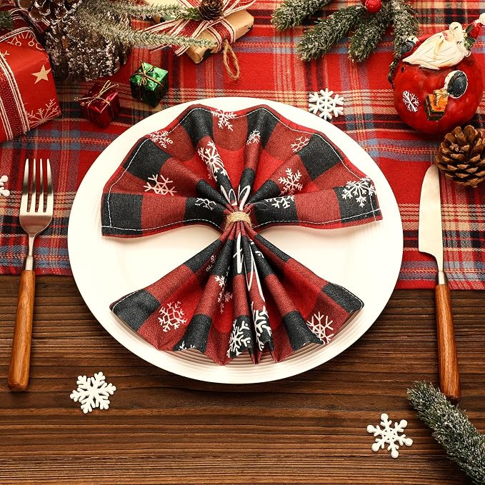 Funnymoom 24 Pcs Christmas Plaid Cloth Napkins Buffalo Gingham 15 x 15 Inches Snowflakes Black and Red Checked Cotton Dinner Napkins Soft Absorbent Washable for Holiday Winter Xmas Party - Image 6