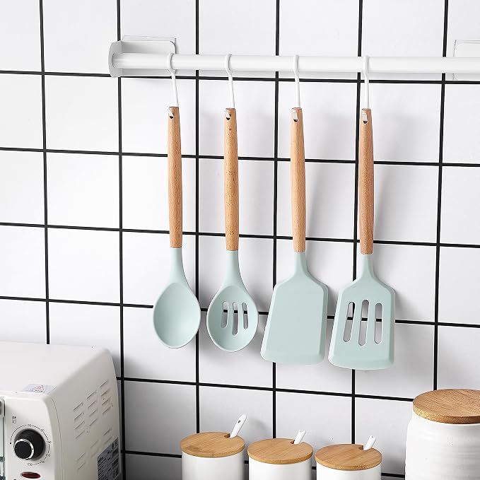 Country Kitchen Non Stick Silicone Utensil Set with Rounded Wood Handles for Cooking and Baking, 14 Piece Set, Mint - Image 7