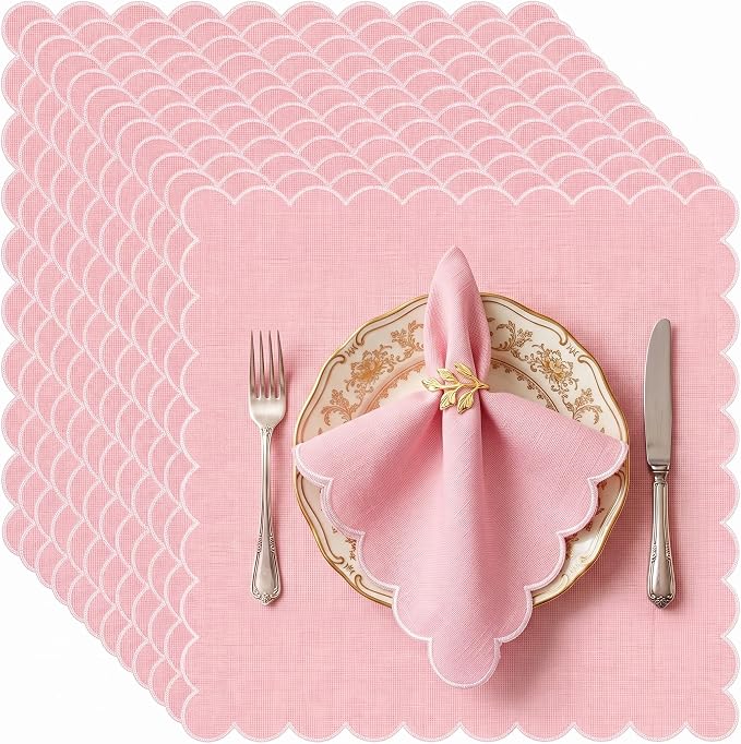 SmoothNovelty 12 Pack Buffalo Plaid Cloth Napkins 18x18 Inch Checkered Cloth Napkins Scalloped Soft Cotton Table Mat Washable Reusable for Dinner Wedding Holiday Birthday Parties (Cute,Pink) by SmoothNovelty